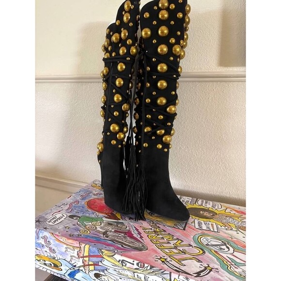 JEFFREY CAMPBELL Ariadne Over the Knee Black Suede Studded Boots- SZ 8.5- NIB - Picture 6 of 7